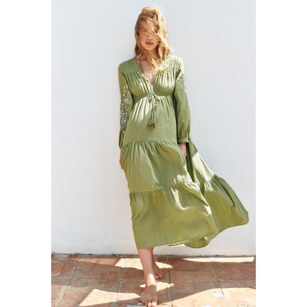 Zara Embroidered Dotted Mesh Dress V-Neck Long Sleeve Lightweight S Embroidered